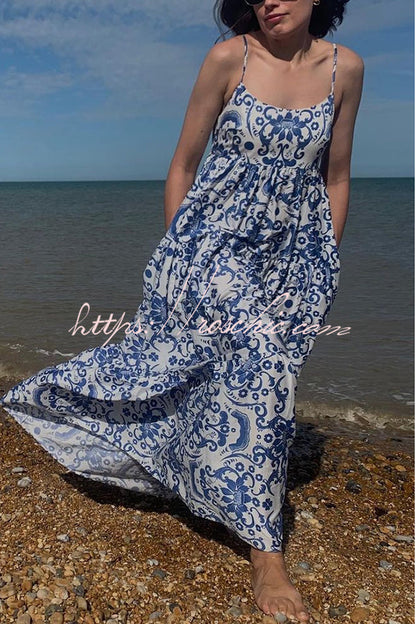 Botanical Floral Print Sexy Sling Backless Maxi Dress