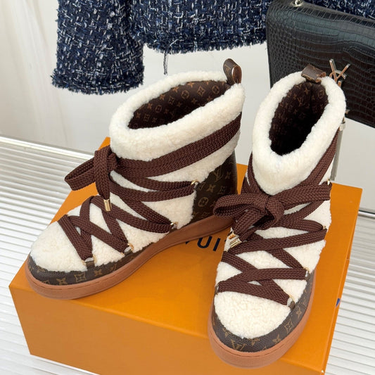 LV Cloud Lace-Up Ankle Boot Sneaker White - Brown Shearling Monogram Canvas 572468