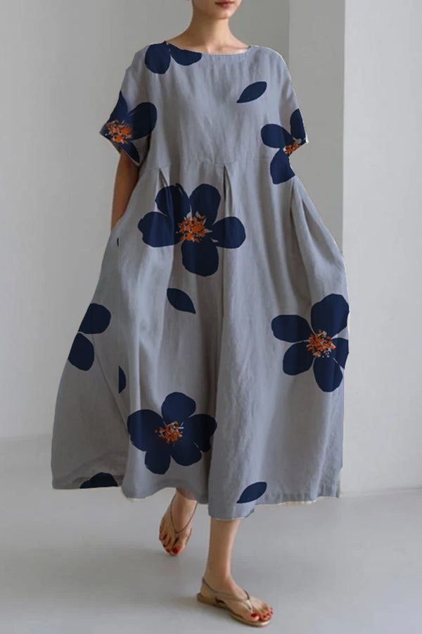 Vestido informal holgado con cuello redondo y falda floral para mujer, primavera y verano
