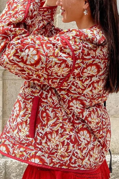 Chaqueta acolchada de algodón holgada con cuello en V y estampado floral