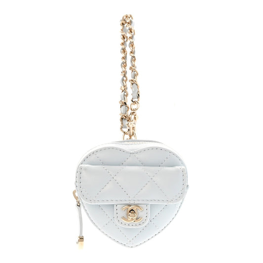 Lambskin Quilted CC Mini In Love Heart Bag Charm Light Blue
