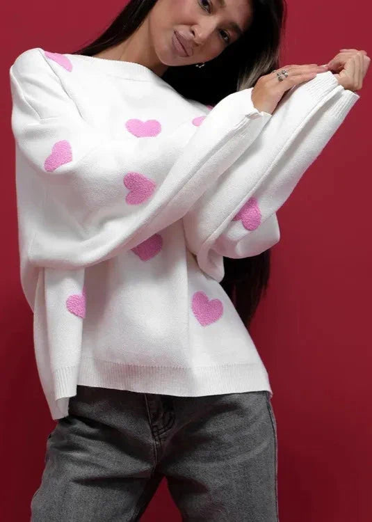 Love-EmbroideRed Heart Sweater - Cozy Women's Knitwear