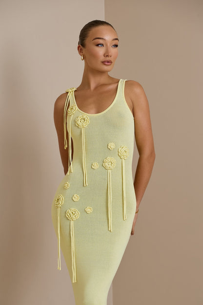 Vestido largo de punto con apliques florales Paula 