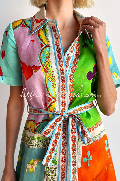 Kiana Linen Blend Unique Print Short Sleeved Tie Waist Shirt Maxi Dress