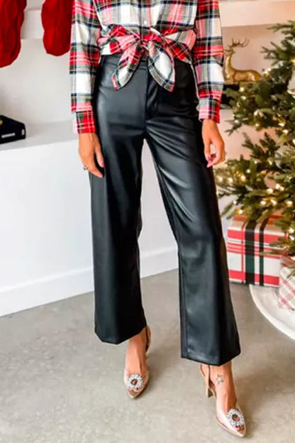 Pantalones de piel sintética con pierna recta y un botón 