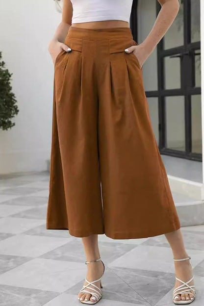 Faldas, tacto algodón, cintura elástica, pierna ancha, pantalones de nueve puntos, ropa de trabajo con bolsillos, pantalones casuales, sueltos