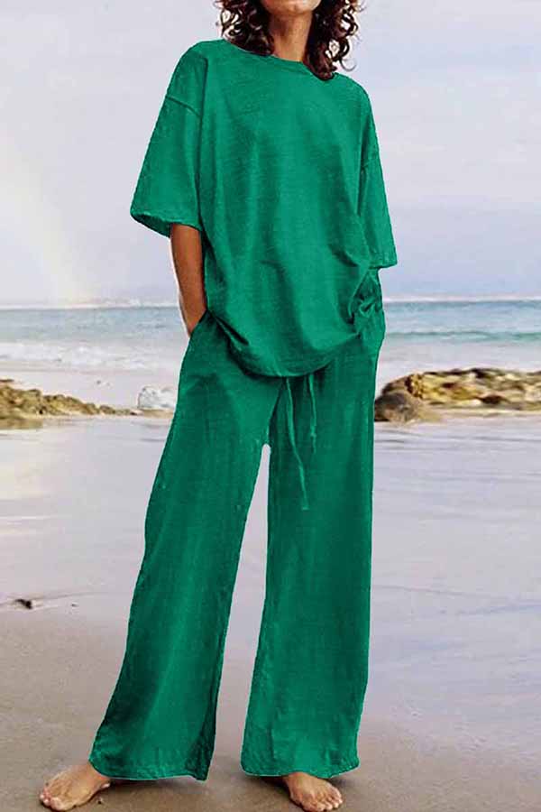 Conjunto informal de dos piezas con cuello redondo, manga corta (11 colores)