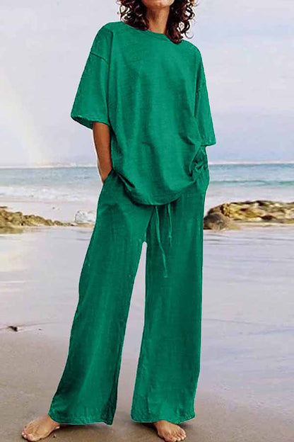 Conjunto informal de dos piezas con cuello redondo, manga corta (11 colores)