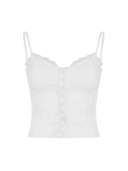 White Y2k Lace Paneled Breast-Shaped Buttons Tank Top