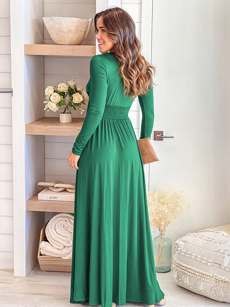 Party Dress V-Neck Long Sleeves High Slit Empire Waist Maxi Dresses