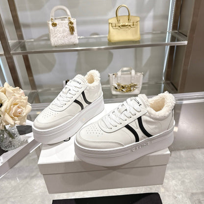 Celine Block Triomphe Leather Wedge Sneakers 50mm Black White Calfskin Fur