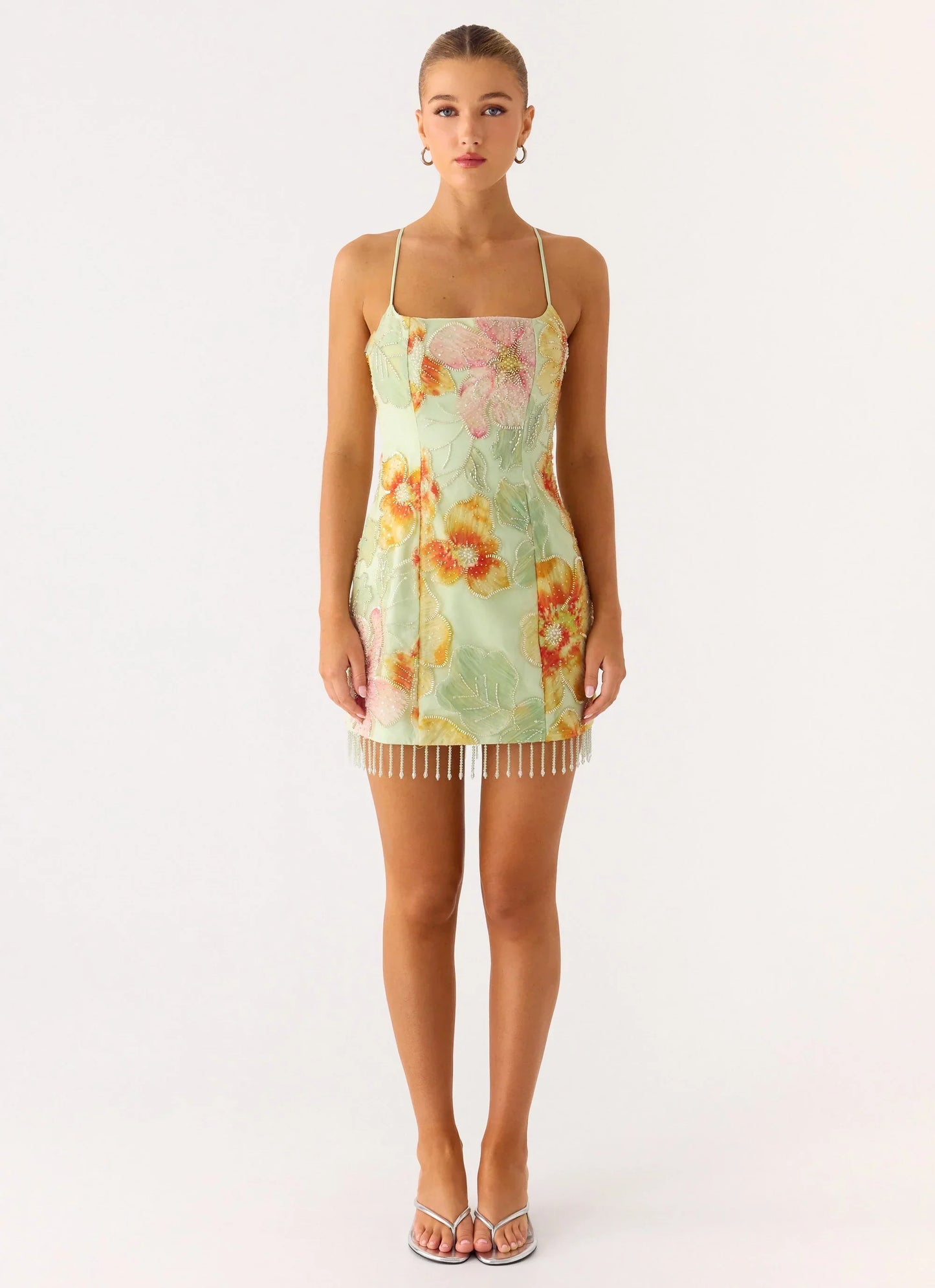 Gatiana Beaded Sequin Mini Dress - Green Floral Beaded