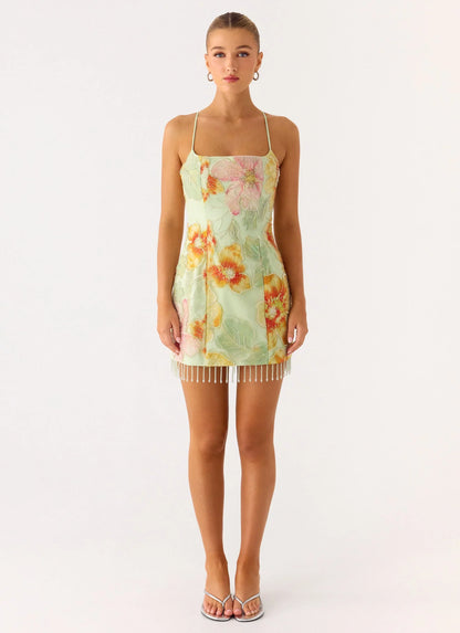 Gatiana Beaded Sequin Mini Dress - Green Floral Beaded