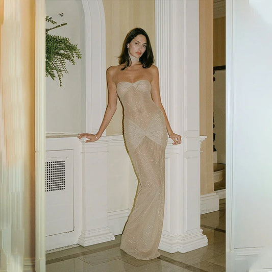Elegant Off-Shoulder Glitter Fishtail Maxi Dress