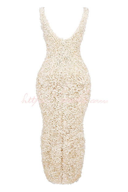 Champagne Party Rose Floral Applique Slit Pencil Maxi Dress