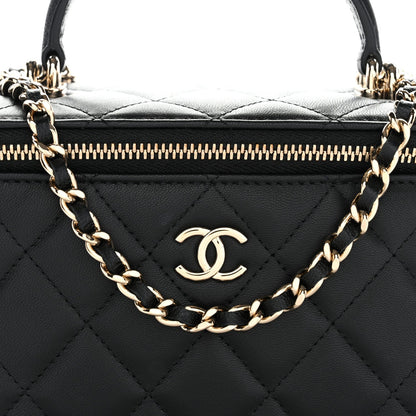 Lambskin Quilted Small Top Handle Vanity Case With Chain Black