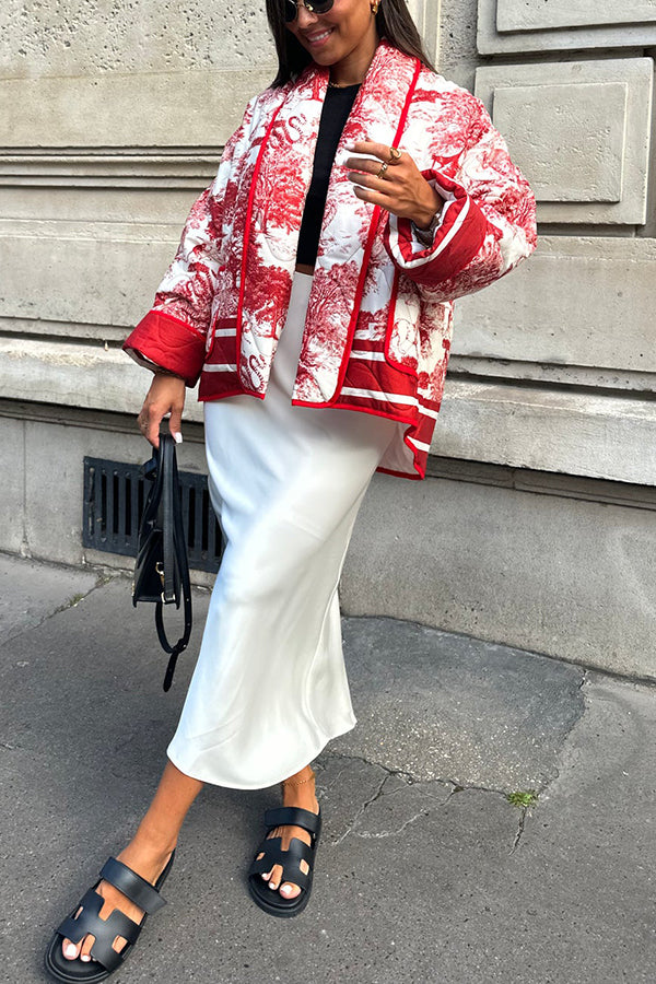 Chaqueta tipo kimono de algodón acolchado con bolsillo y estampado de tinta de porcelana con canciones románticas 