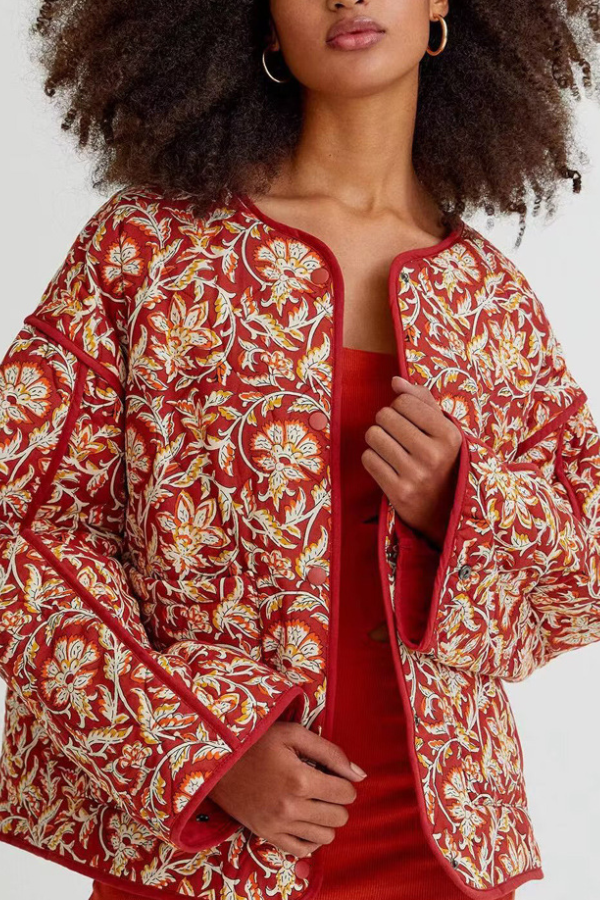 Chaqueta acolchada de algodón holgada con cuello en V y estampado floral