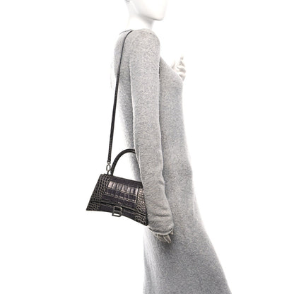 Shiny Calfskin Crocodile Embossed Small Hourglass Top Handle Bag Dark Grey