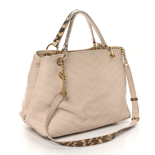 Calfskin Elaphe Stitched Large Chevron Chic Shopping Bag Beige