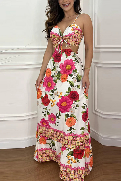 Vestido largo de vacaciones con cordones, aberturas en los anillos y estampado tropical estilo mexicano