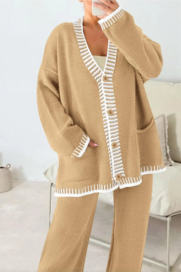 Conjunto de cárdigan informal de punto de manga larga con bolsillos y pantalones anchos y holgados con cintura elástica.