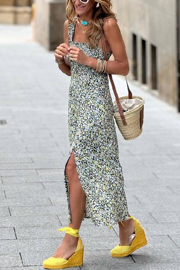 Falda larga informal con abertura y tirantes de una sola línea con estampado floral para fiestas
