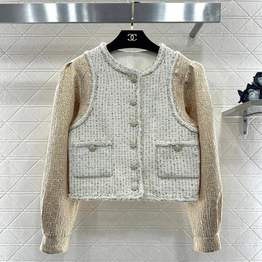 CC 26 Patchwork Vest Jacket Beige White Wool Cotton 331228