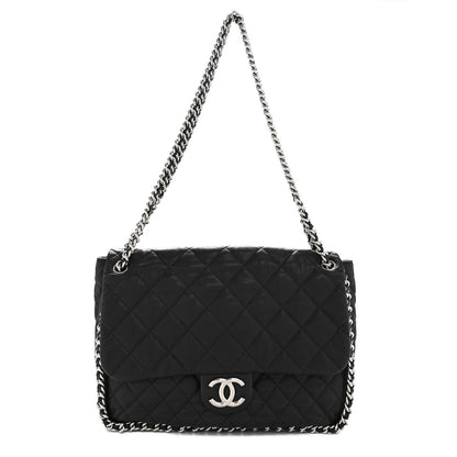 Washed Lambskin Quilted Maxi Chain Around Flap Black