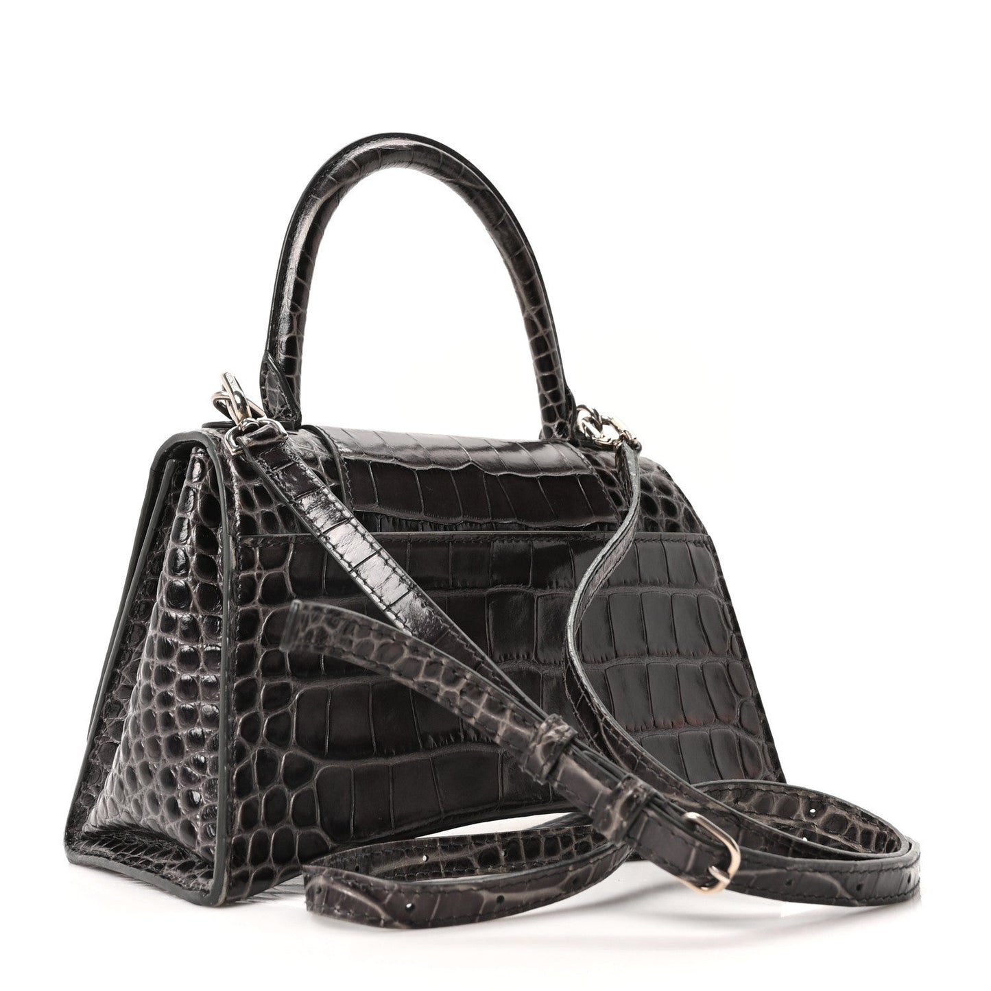 Shiny Calfskin Crocodile Embossed Small Hourglass Top Handle Bag Dark Grey