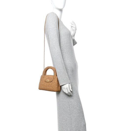 Braided Raffia Nano Kelly Flap Bag Dark Beige