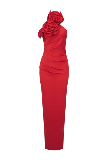 Vestido largo con apliques florales y cuello halter de Moira 