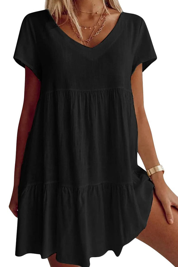 Vestido informal de mezcla de algodón con cuello en V y manga corta 
