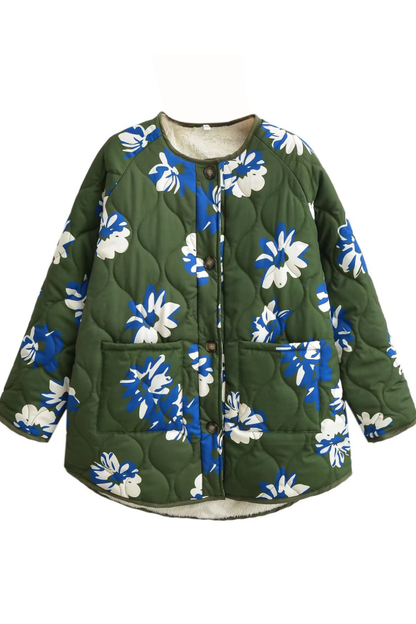 Chaqueta fina de algodón con cuello redondo y botonadura sencilla con estampado floral 