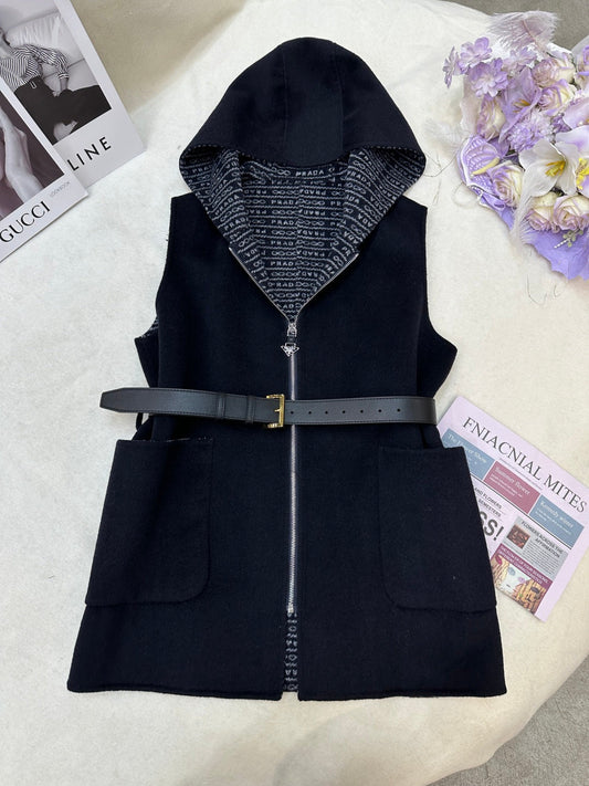Prada 25 Hooded Vest Black Wool 637339