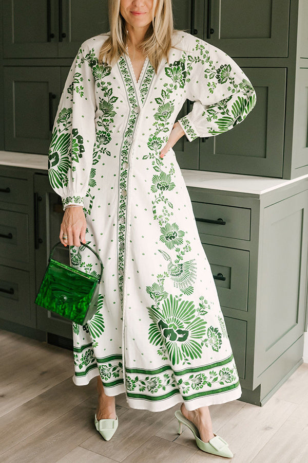Vestido camisero largo de manga larga con botones y estampado único