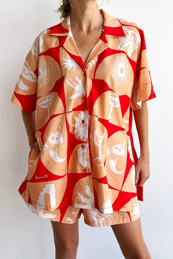 Conjunto de camisa de mezcla de lino con estampado único y pantalones cortos holgados con bolsillo y cintura elástica