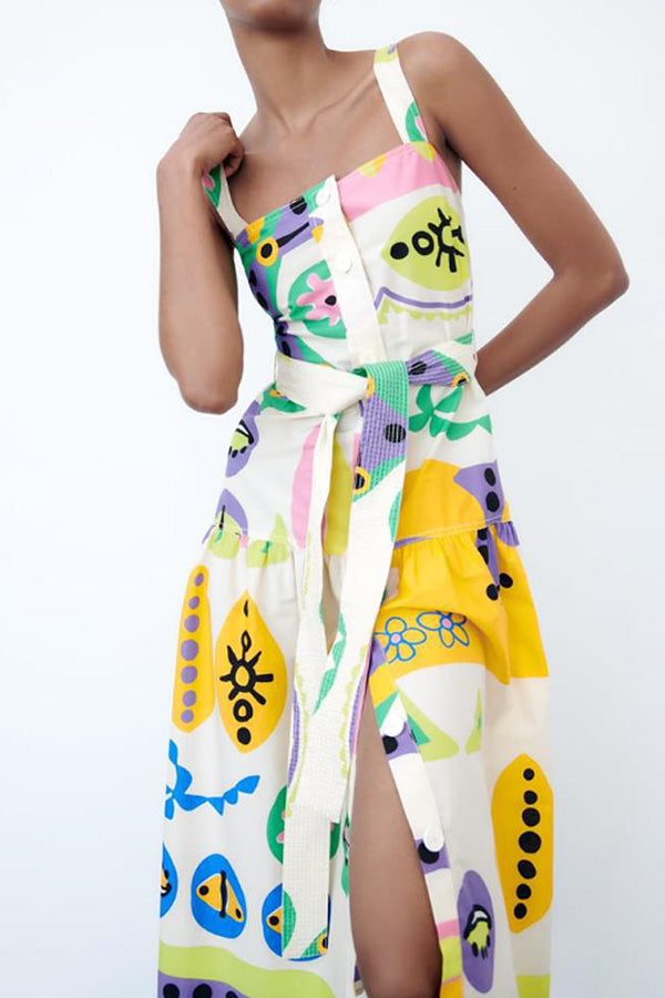 Vestido largo con botones, cinturón y tirantes anchos