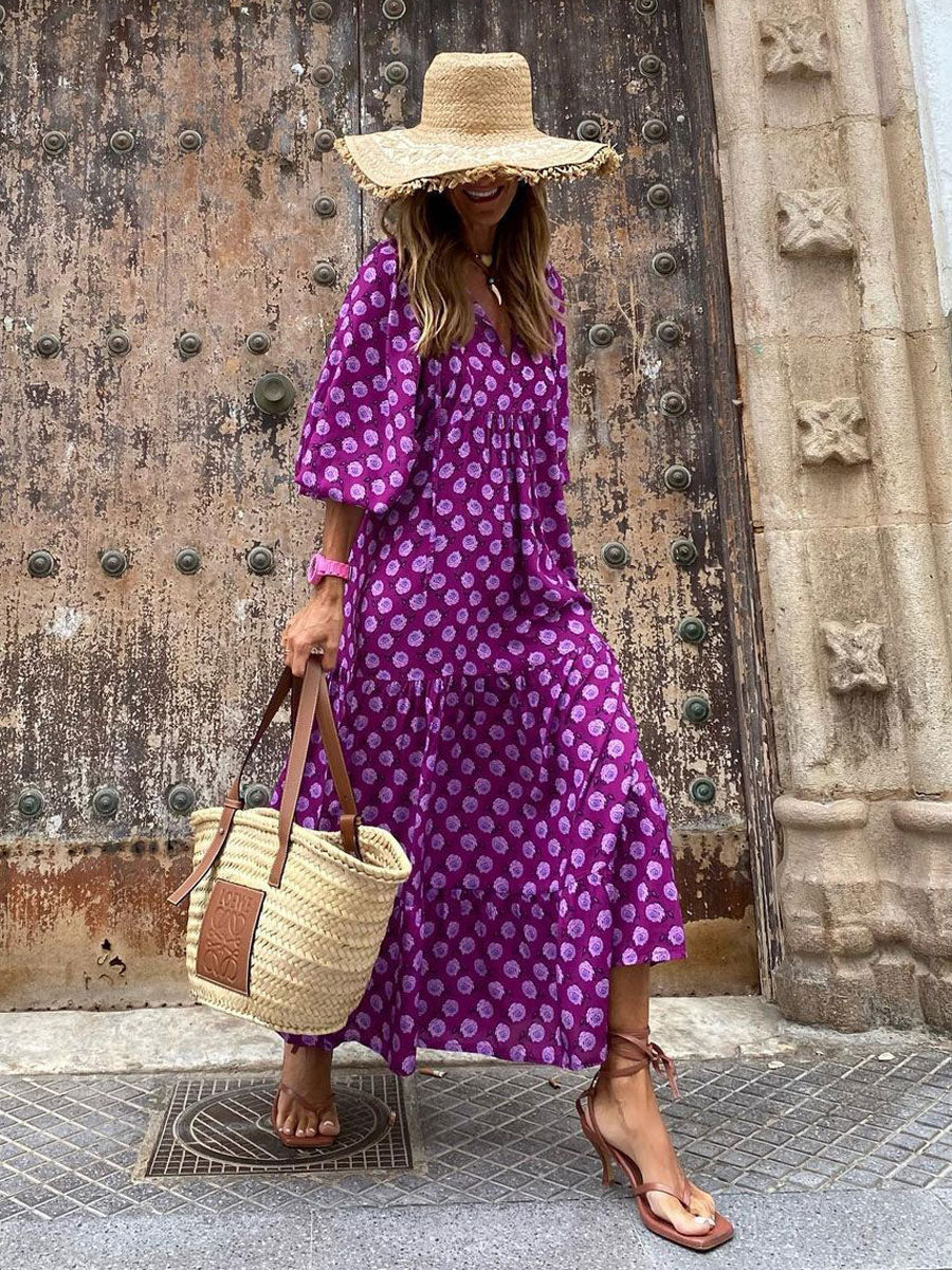 Jewel Neck Maxi Dress 3/4 Length Sleeves Casual Floral Print Long Dress