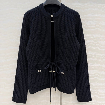 Chanel 26c Rhinestone Buckle Belt Cardigan Black Wool 333722