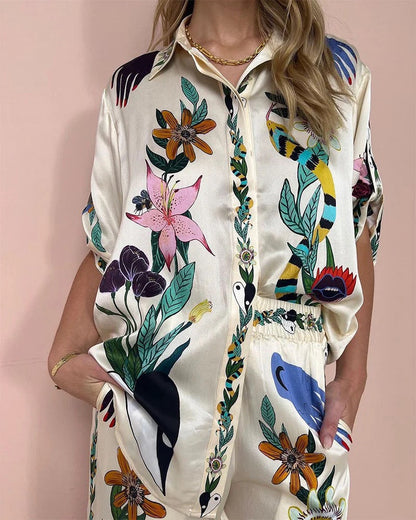 Flower jungle print casual two-piece set