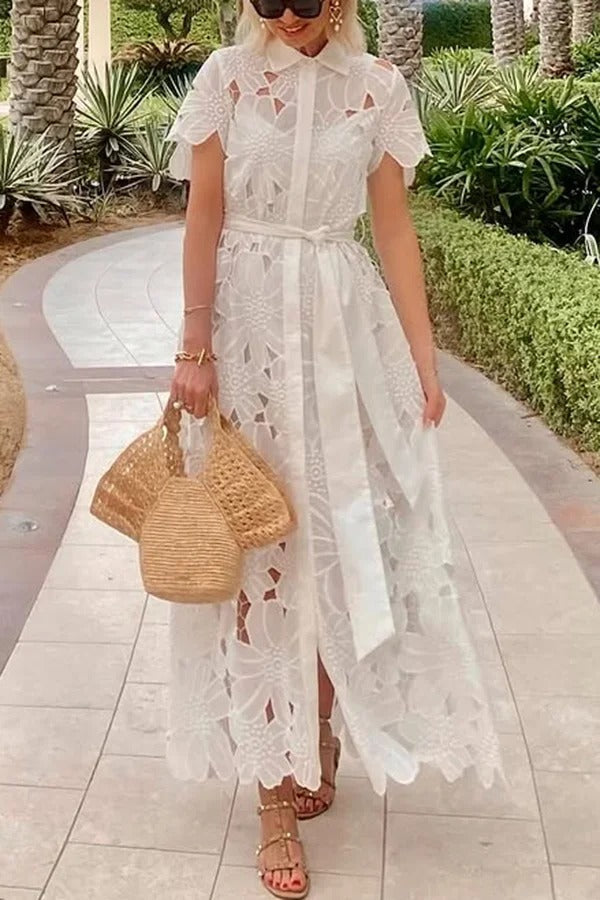 Vestido camisero largo de manga corta con lazo y encaje de crochet floral estilo Dubái