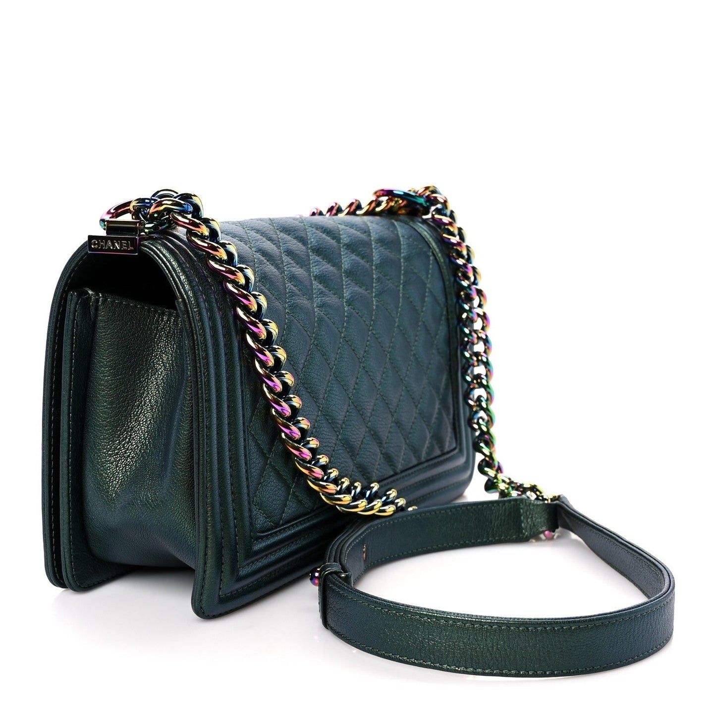Iridescent Goatskin Quilted Medium Boy Flap Green