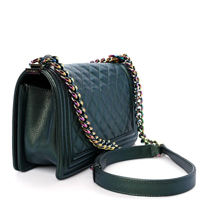 Iridescent Goatskin Quilted Medium Boy Flap Green