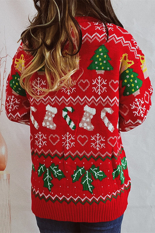 Suéter de punto de cuello redondo y manga larga con estampado navideño