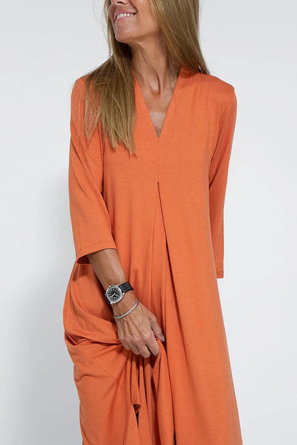 Vestido largo informal de color liso con cuello en V para mujer