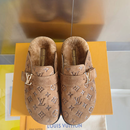 LV 25 Birkenstock Platform Slippers Brown Suede Wool 576215