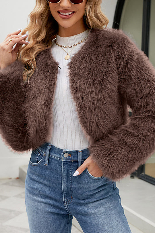 Chaqueta elegante de piel sintética informal, corta y de manga larga