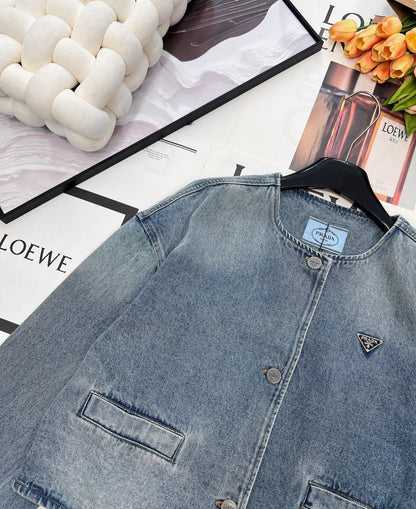 Prada 2025 Three-button Triangle Logo Denim Cropped Jacket Blue Cotton