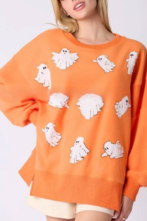 Sudadera informal holgada con lentejuelas y fantasma de Halloween 